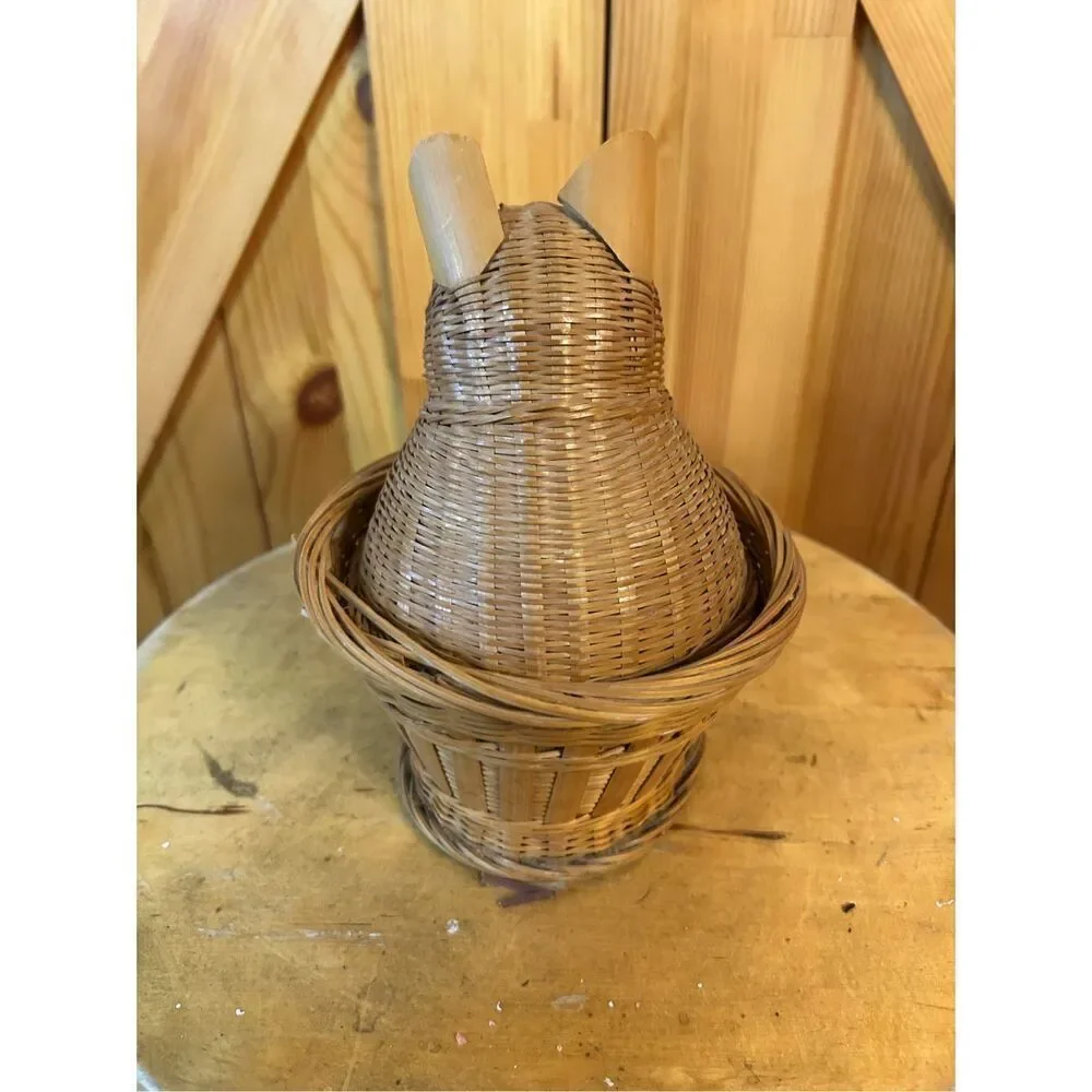 Vintage Wicker Cat-shaped Nesting Basket, Woven Basket with Lid (8564)